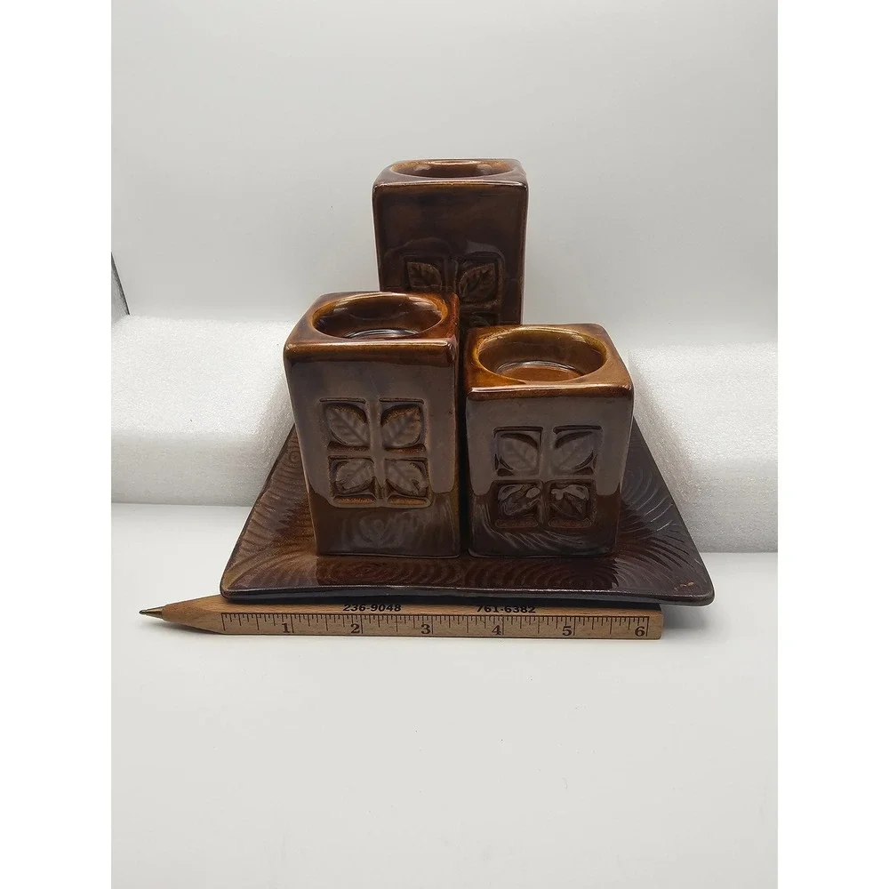 Vintage Brown Ceramic Candle Holder Set 3 Pillars and Tray Embossed Leaf Design